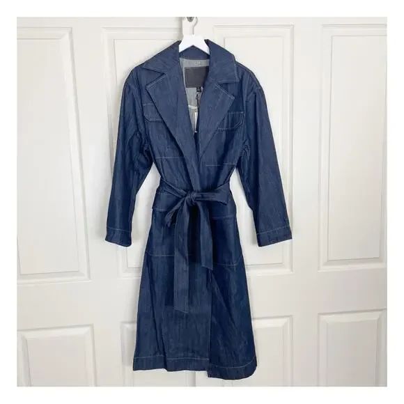 Banana Republic Dark Denim Long Trench Coat Dark Rinse Modern Classic NWT Sz S - Picture 3 of 11